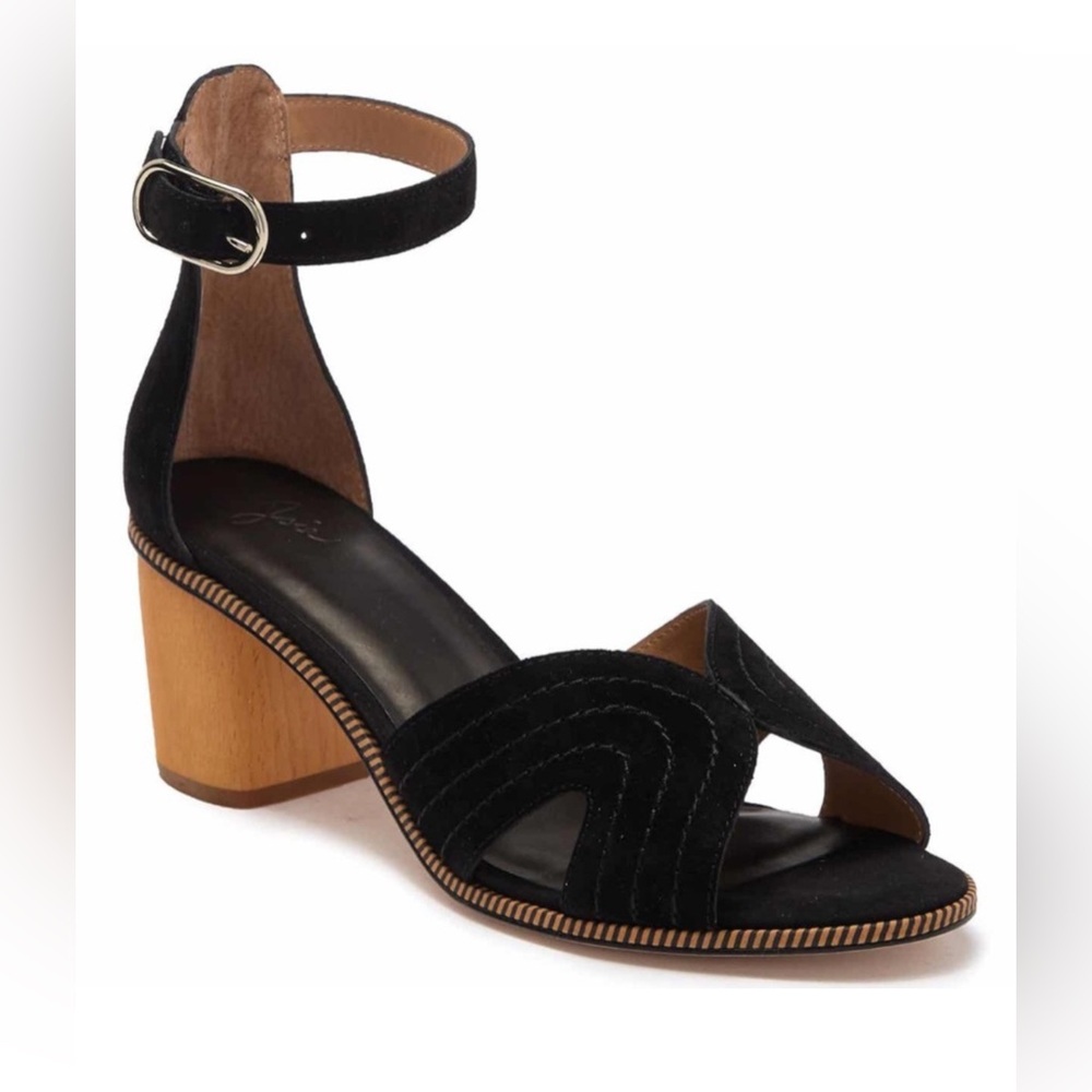 Joie Mabley Suede Ankle Strap Sandals Black Sz 39‎ Chunky Wood Block Heel 2.5"
